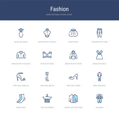 set of 16 vector stroke icons such as pajamas, jacket with buttons, ties on hanger, warm sock, men tracksuit, high heel shoes from fashion concept. can be used for web, logo, ui\u002fux