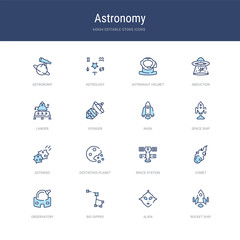set of 16 vector stroke icons such as rocket ship, alien, big dipper, observatory, comet, space station from astronomy concept. can be used for web, logo, ui\u002fux © zaurrahimov