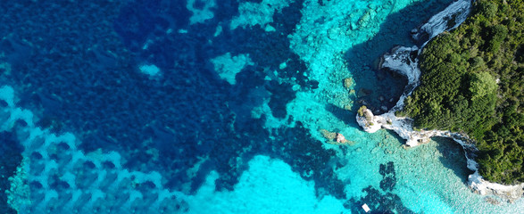 Fototapeta premium Aerial drone ultra wide photo of paradise sandy beaches in popular summer destination - island of Antipaxos with turquoise clear sea, Ionian, Greece