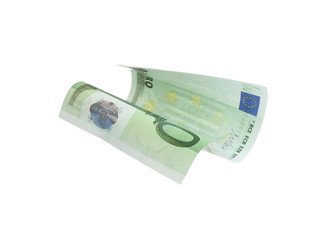 Euro banknote isolated on white. Flying money