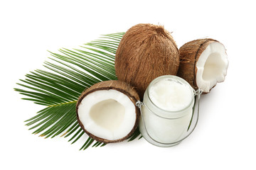 Composition with organic coconut oil on white background. Healthy cooking