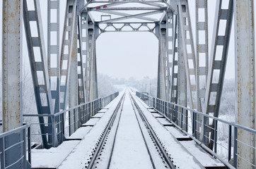 Fototapeta premium Railroad bridge among the frosted trees on a cold gloomy winter day. Front view.