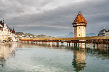 Fototapeta na wymiar The Lucerne Covered Bridge, medieval wooden construction. 