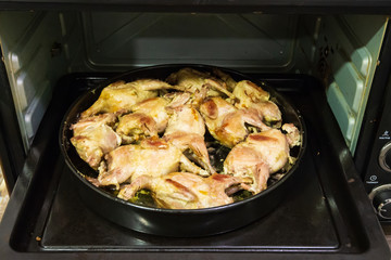 Quail fried and baked in the oven on a baking sheet.