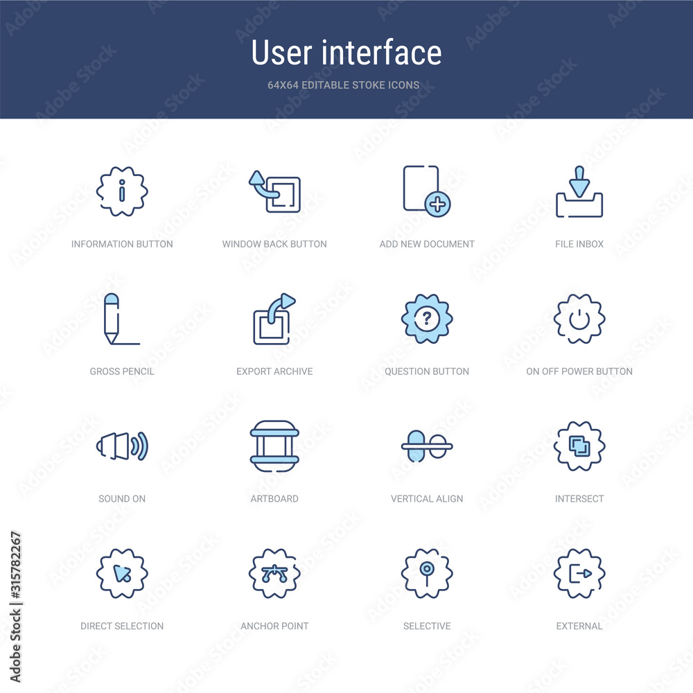 Poster set of 16 vector stroke icons such as external, selective, anchor point, direct selection, intersect