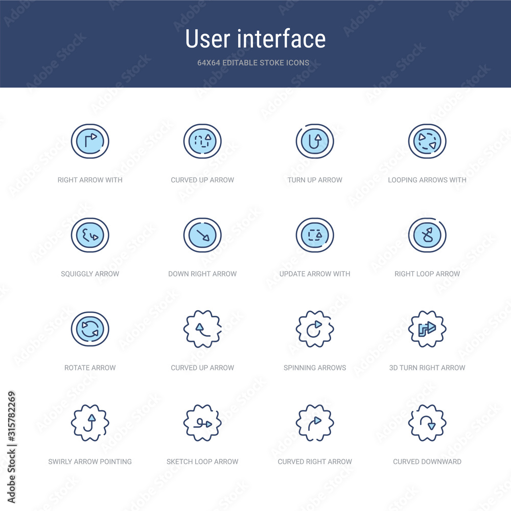 Poster set of 16 vector stroke icons such as curved downward arrow, curved right arrow, sketch loop arrow, 