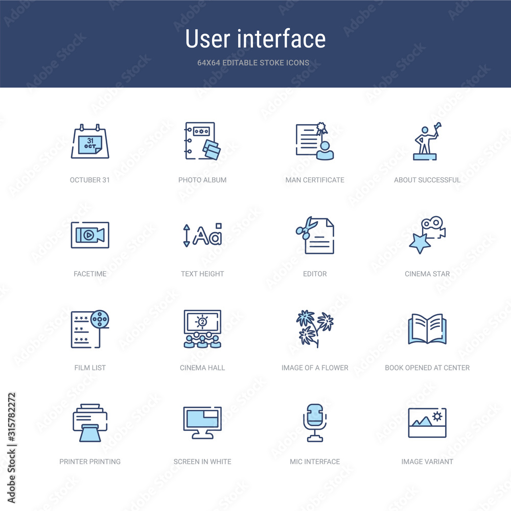 Poster set of 16 vector stroke icons such as image variant, mic interface, screen in white, printer printin