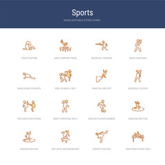 set of 16 vector stroke icons such as man practicing high jump, karate fighter, boy with skatingboard, dancer motion, dancing motion, soccer player number four from sports concept. can be used for