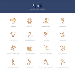 set of 16 vector stroke icons such as man practicing martial arts, man jumping an obstacle, golf player, cricket player with bat, man losing hat, playing volleyball from sports concept. can be used