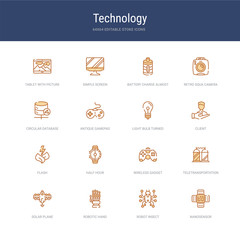 set of 16 vector stroke icons such as nanosensor, robot insect, robotic hand, solar plane, teletransportation, wireless gadget from technology concept. can be used for web, logo, ui\u002fux