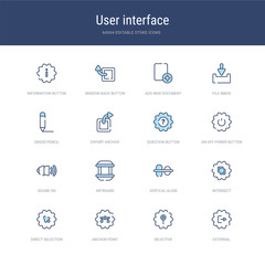 set of 16 vector stroke icons such as external, selective, anchor point, direct selection, intersect, vertical align from user interface concept. can be used for web, logo, ui\u002fux