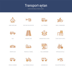 set of 16 vector stroke icons such as helicopter profile, modern bus, all terrain vehicle, people carrier, vintage bicycle, fuel dispenser from transport-aytan concept. can be used for web, logo,
