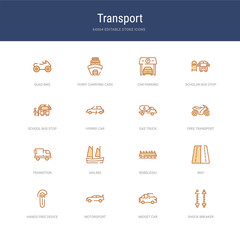 set of 16 vector stroke icons such as shock breaker, midget car, motorsport, hands free device, way, bobsleigh from transport concept. can be used for web, logo, ui\u002fux