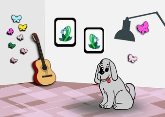 A gray dog sitting in a cozy room with pictures on the wall and decoration of butterflies.