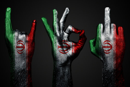 a set of three hands with a painted flag Iran show middle finger, goat and Okay, a sign of aggression, protest and approval on a dark background