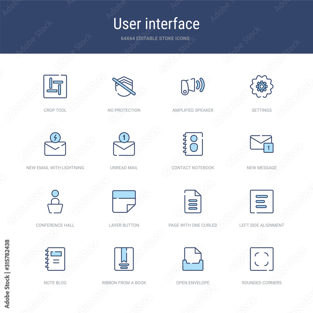 Poster set of 16 vector stroke icons such as rounded corners square, open envelope, ribbon from a book, not