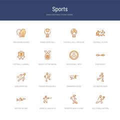 set of 16 vector stroke icons such as volleyball motion, sportive man playing with a ball, oriental man with a sword, waiter falling, ice skating man, swimming figure from sports concept. can be