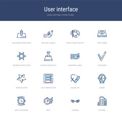 set of 16 vector stroke icons such as offices, looking, past, anti clockwise, hours, sound off from user interface concept. can be used for web, logo, ui\u002fux