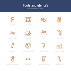 set of 16 vector stroke icons such as large spoon, flame extinguisher, moustaches, mercury thermometer degrees, camera with flash, school push pin from tools and utensils concept. can be used for