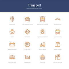 set of 16 vector stroke icons such as airport checking, tram stop, parking men, tram stop label, petrol station, bicycle rental from transport concept. can be used for web, logo, ui\u002fux