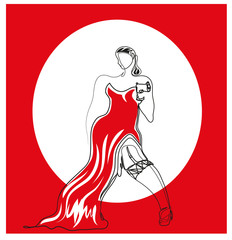 One continuous line drawing of sexy woman holding a gun in red. Simple line art drawing of sexy woman holding a gun in red.