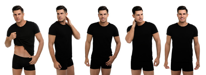 Collage of man in black underwear and t-shirt on white background