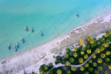 Fototapeta premium Beach, boats, sea and palm trees in Thailand 