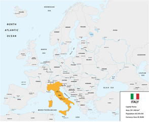 Location of Italy on the European continent with small information box and flag