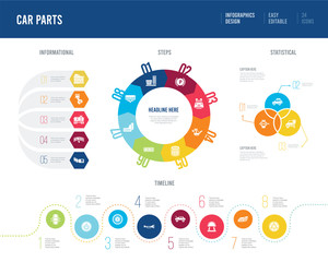 infographic design from car parts concept. informational, timeline, statistical and steps presentation themes.