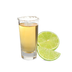 Mexican Tequila shot with salt and lime isolated on white
