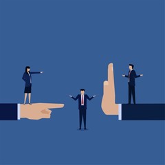 Business flat vector concept man standing between two people metaphor of confrontation and negotiation. - obrazy, fototapety, plakaty