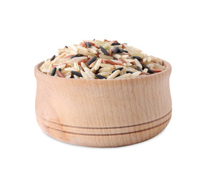 Mix of brown rice in bowl isolated on white