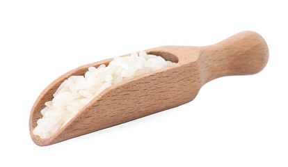 Uncooked rice in wooden scoop isolated on white