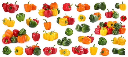 Set of different ripe bell peppers on white background
