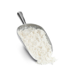 Organic flour in metal scoop isolated on white