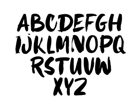 Black ink alphabet hand drawn vector template. Grunge dry brushstrokes letters design.