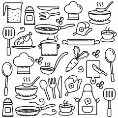 Set of cute cooking related doodle element such as spatula, coffee, fork and more suitable for background too 