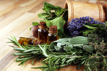 Fresh herbs from the garden and the different types of oils for massage and aromatherapy on table...