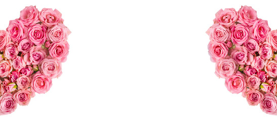 Valentine's day romantic greeting card. Composition with a heart of pink roses on a white background.Mothers day. 8 Marth. Banner for advertising store, website, posters, advertising, coupons.