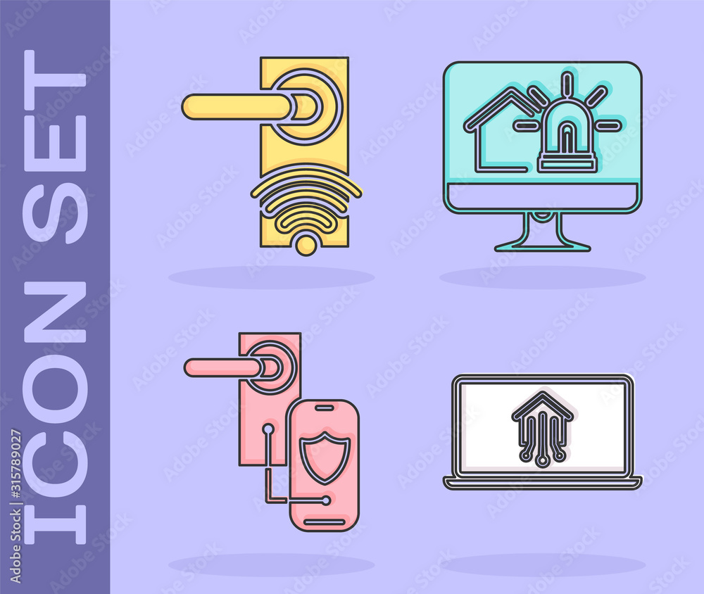 Poster set laptop with smart home, digital door lock with wireless technology for unlock, digital door lock