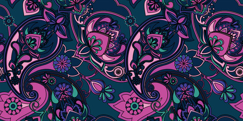 Decorative seamless pattern for fabric, tapestry, wallpaper and backgrounds in the style of a traditional oriental paisley pattern.