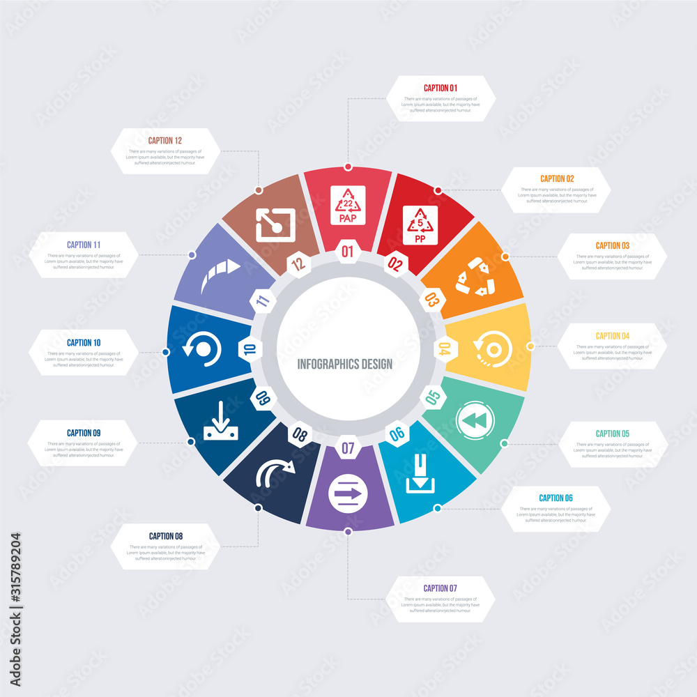 Poster round 12 options ui infographic template design. scale arrows, right curve arrow, curve left arrow, 