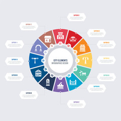 round 12 options city elements infographic template design. pizzeria, arch, street light, fire station, cementery, government buildings vector icons