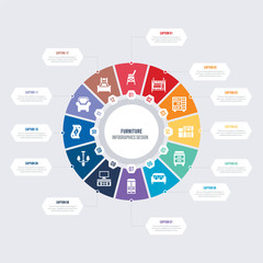 round 12 options furniture infographic template design. bed, armchair, carpet, chandelier, tv table, closet vector icons