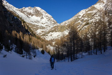 Winter hiking in Aosta Valley, Cogne, Italy. Hikers walk in the afternoon shadows.