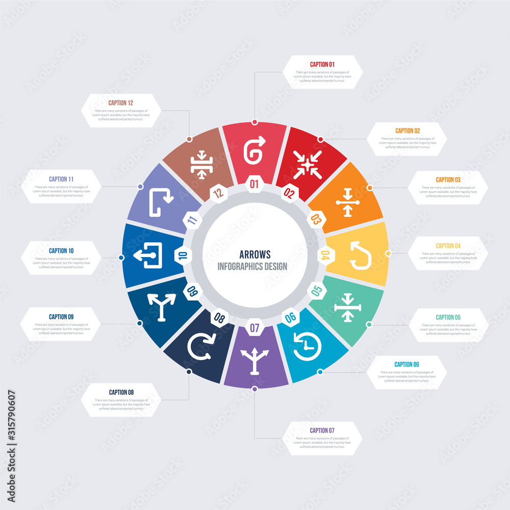 Poster round 12 options arrows infographic template design. vertical merge, u turn arrow, exit right, split
