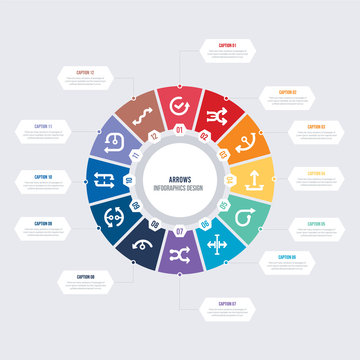 Round 12 Options Arrows Infographic Template Design. Double Curve Arrow, Left Curve, Left Right, Loop Arrows, Curved Left Arrow, Shuffle Arrows Vector Icons