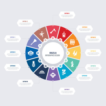 round 12 options brazilia infographic template design. joker, vuvuzela, photo camera, pineapple, rainbow, monkey vector icons