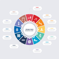 round 12 options gym and fitness infographic template design. horizontal bar, hydratation, isotonic, locker, lumbar belt, pilates ball vector icons