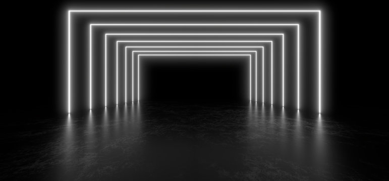 Beautiful composition of white neon lights on a black background. 3d rendering image.